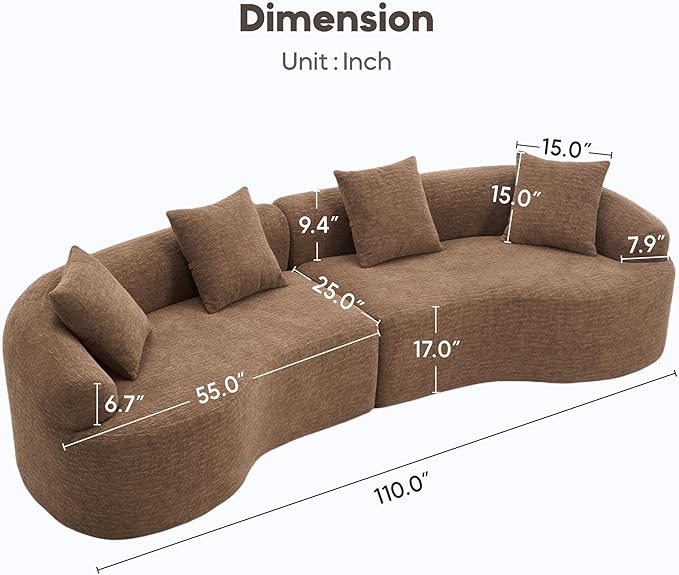 Yoglad 110‘’ Boneless Curved Sofa Modern Cloud 4-Seater Floor Couch Minimalist Compression Sofa for Living Room Apartment Studio Office No Assembly Needed(Chenille Camel)