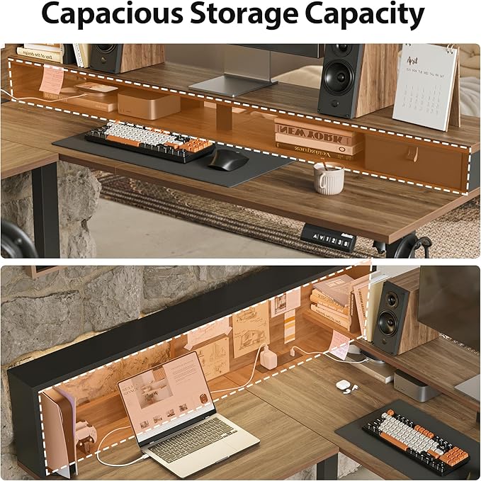 Agilestic L-Shaped Electric Standing Desk 63x55 Inch Ergonomic Adjustable Height Desk with Storage Stand Up Corner Desk Sit Stand Computer Table Power Outlet &amp LED Lights Office Table Dark Wal
