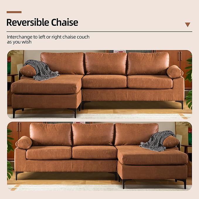 100 Faux Leather Convertible Sectional Sofa Couches for Living Room3 Seater L Shaped Sofa Couch with Reversible ChaiseMid-Century Modern Comfy Deep Seat Sofa (BrownSuede Fabric)