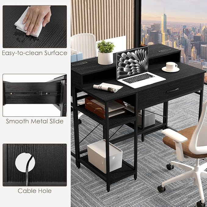 Tangkula Small Computer Desk with Power Outlets 42 Writing Desk with Hutch Drawer &amp 2 Open Shelves Gaming Table with Heavy-Duty Metal Frame for Home Office (Black)