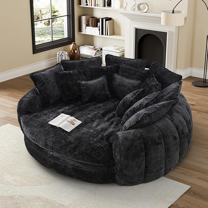 81 Round Sofa Bed Big Bean Bag Round Chaise Lounge Oversized Round Couch Boneless Reading Chair Plush Fluffy Chenille Large Chaise Chair for Living Room Bedroom Apartment Black