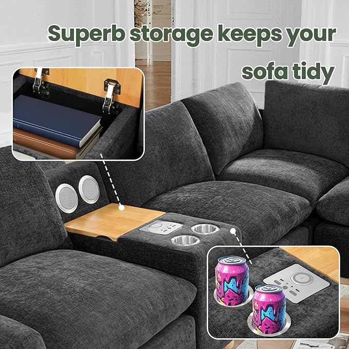 Brelice Modular Sofa Console with Wireless Charging &amp Bluetooth Speaker - All-in-One Armrest Organizer with Wired Charging Storage Tray Volume Control for Sectional Couch Living Room