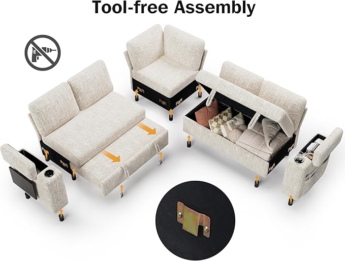 Vipbear 86 Modular Sectional Sleeper Sofa with Pull Out Bed 5 Seat Chenille L Shaped Couch with Reclining Backrest|USB Ports|Cup Holders|Side Table|Storage Seat Armrests Tool Free Assembly Beige