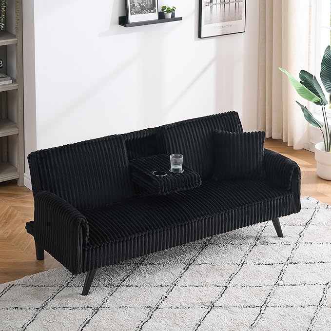 72 Modern Corduroy Sofa Bed FutonConvertible Sleeper Couch Bed with Cup Holder4 Reclining PositionsFolding Sofa Cloud Loveseat for Small Living Room Apartment Office (Black-New)