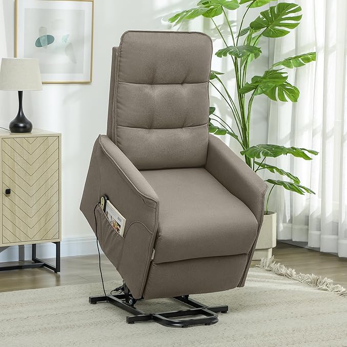 HOMCOM Power Lift Recliner Chair for Elderly Fabric Lift Chair Sofa with Remote Control Side Pockets Pocket Spring Tufted Back Quick Assembly Coffee