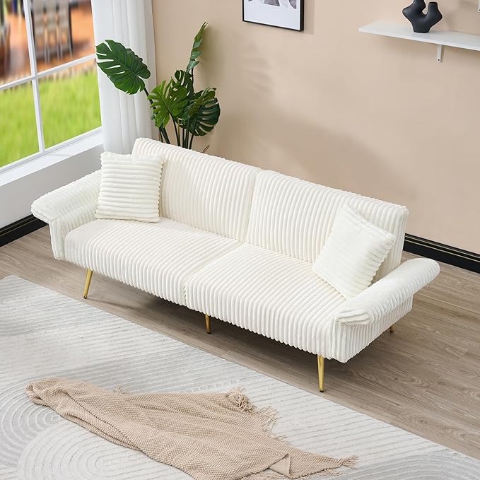 White 79 Convertible Futon Sofa Bed with Adjustable Backrest &amp Armrests Modern Corduroy Folding Loveseat Sleeper Couches with Two Soft Pillows for Living Room Apartment Office (White)