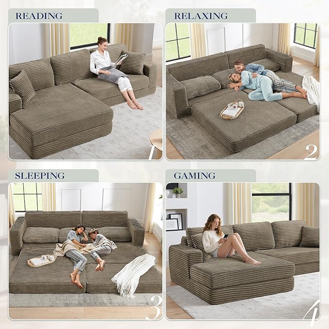 112.6” Modular Sectional Sofa Oversized Cloud L Shaped Couch Comfy Upholstered Corduroy Compressed Sofa with Left Facing Chaise and Wide Arms Fluffy Boneless Sofa Bed for Living Room Office Brown