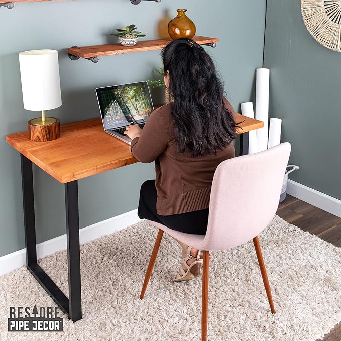 PIPE DECOR Sunset Cedar Solid Wood Rustic 48” Desk Kit with (2) 28” Matte Black Square Metal Legs Industrial Desk for Home Office