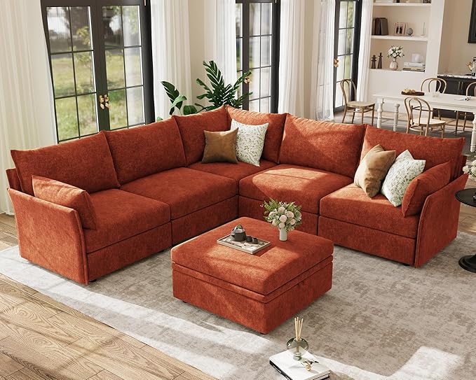 ABCASA 103.5 Oversized Modular Sectional Sofa L Shaped Convertible Couch with Movable Ottoman Large 6 Seat Corner Couches for Living Room Deep Seat- Terracotta Orange Chenille
