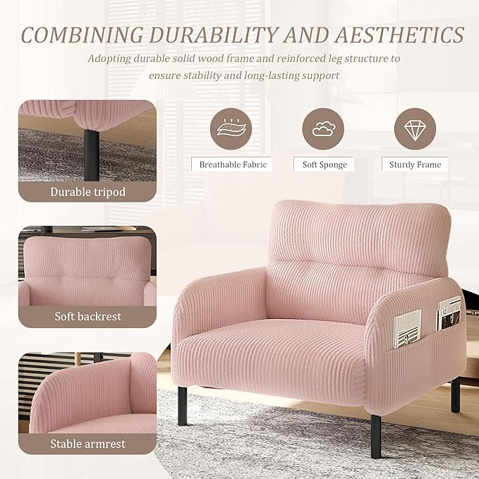 Pink Accent Chair - Corduroy Living Room Chairs with Side Storage Pockets and Durable Legs Comfy Arm Reading Chair with Soft Backrest for Bedroom Balcony Study Room