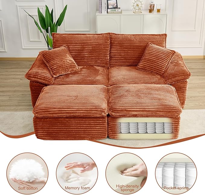 Convertible Sofa BedSleeper Sofa with Deep SeatComfy Corduroy Fluffy Boneless Couch with Movable OttomanCloud Couch for Small PlaceNo Assembly Required.（LoveseatOrange）