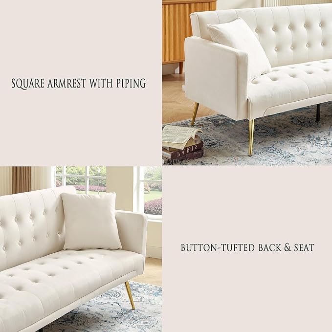 Anwick Modern Velvet Futon Sofa Bed: 72 Satin Convertible 2 Pillows Tufted Back Golden Metal Legs Folding Sleeper Loveseat for Small Space Home Office Living Room (Beige)