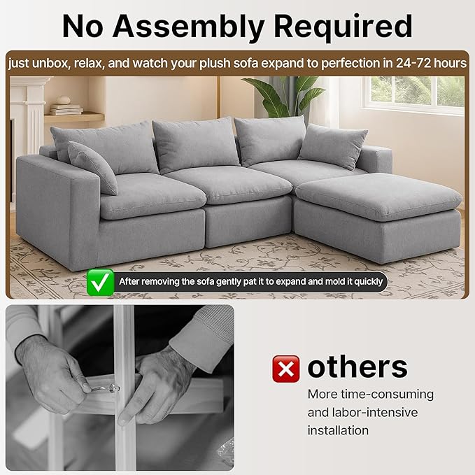 91.34 No Assembly Required Sectional Couch Modern 6-Piece Frameless Modular Sofa with Ottoman Deep Seat Cloud Couches for Living Room Oversized Chenille Comfy Sofa Gray