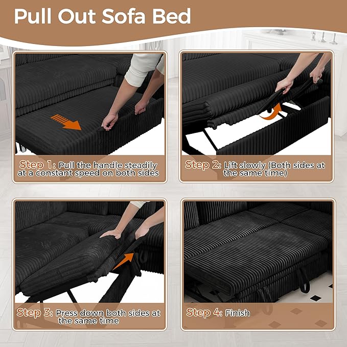 Modular Sectional Sleeper Sofa with Pull Out Bed Plush Corduroy U Shaped Couch with Storage Chaise USB Ports Cup Holders Comfy Cloud Couches for Living Room Black