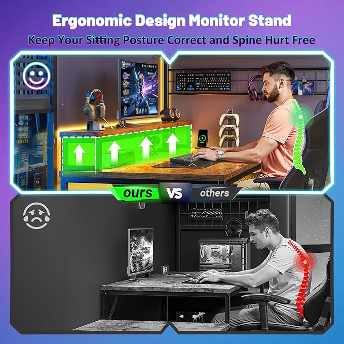 Gaming Desk with Shelves &amp Hooks 63.5L Shaped Computer Desk with LED Lights &amp Power Outlets &amp Monitor Stand and Printer Space for Home Office Writing Desk of Bedroom Living Room Rusti