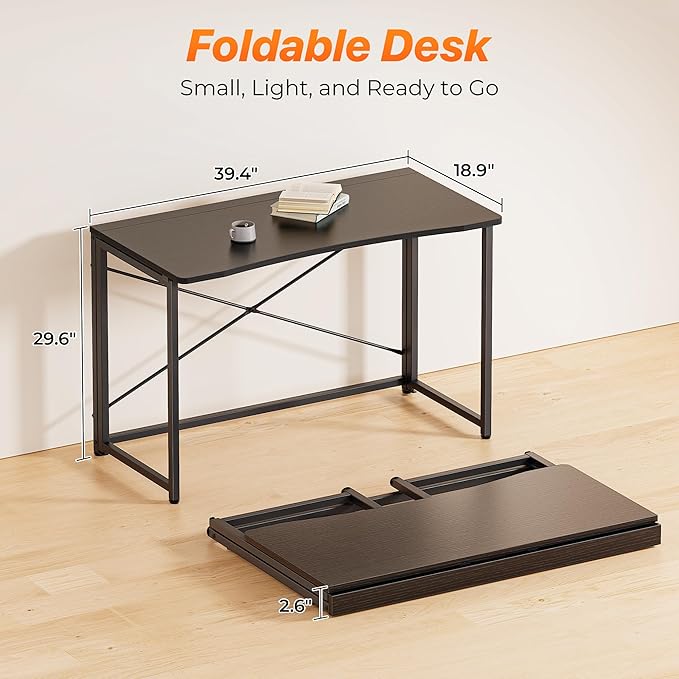 Huuger Folding Desk for Small Spaces 39.3 Inch Foldable Computer Table for Home Office Study Bedroom Dorm Space Saving Small Writing Work Office Computer Desk Easy to Fold Black