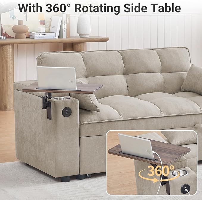 3 in 1 Sofa Bed 65 Inches Convertible Loveseat Sleeper with Side Table Pull Out Couch with 3 Level Adjustable Backrest Chaise Lounge with USB and Type-C Ports for Living Room Khaki