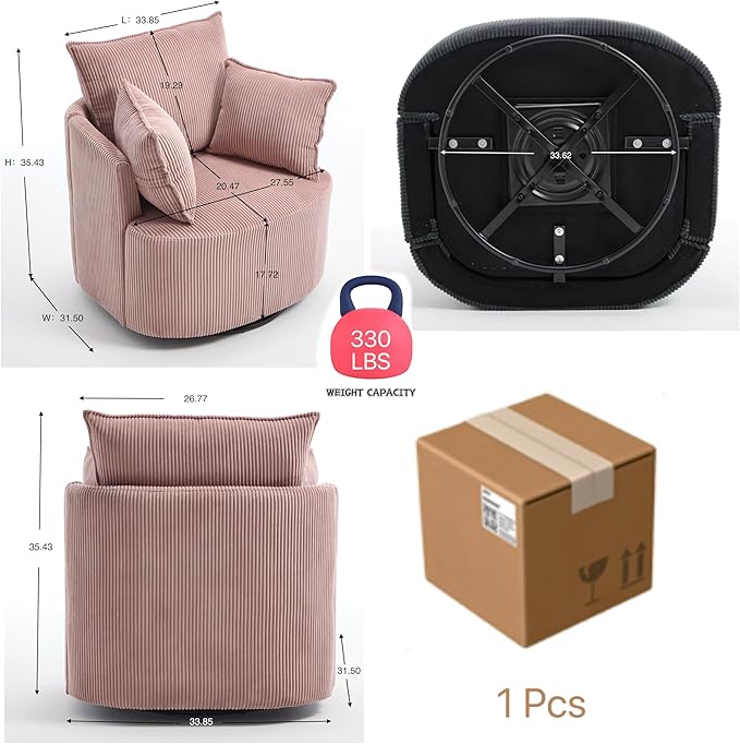 360° Swivel Accent Armchair Chair Pink Swivel Round Barrel Chair with 2 Pillows Upholstered Corduroy Accent Chairs for Living Room Bedroom Reading