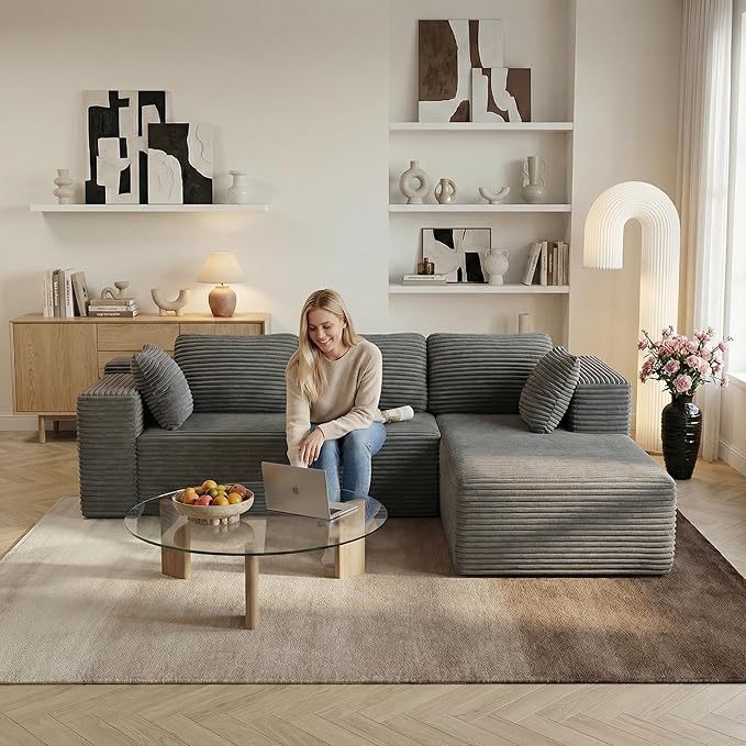 L Shaped Cloud Sectional Couch for Living Room 105 Modern Corduroy Modular Frameless Floor Sofa with Chaise Memory Foam Deep Seat &amp Non-Slip Base No Assembly Required (Grey)