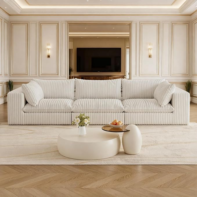 Oversized 118 W Corduroy Boneless Couches for Living Room No Assembly Required 3-Seaters Modular Sectional Sofa with Removal Cushion Comfy Plush Upholstered Couch for Apartment/Office (White) | Co