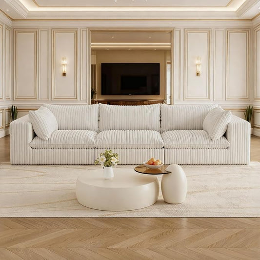 Oversized 118 W Corduroy Boneless Couches for Living Room No Assembly Required 3-Seaters Modular Sectional Sofa with Removal Cushion Comfy Plush Upholstered Couch for Apartment/Office (White) | Co