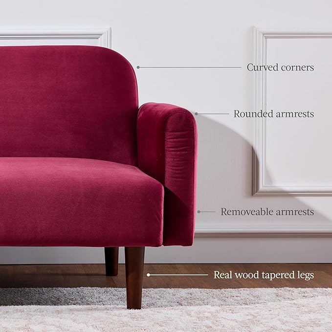 Best Choice Products 77 Mid Century Modern Velvet Loveseat Sofa Couch Convertible Sofa Sleeper Bed w/Real Wood Removable Armrest - Raspberry