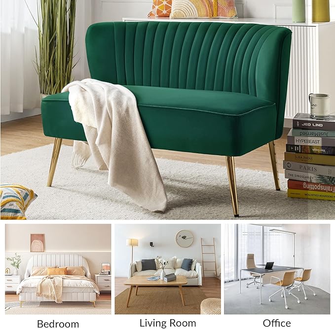 HULALA HOME Velvet Loveseat Sofa with Gold Legs Mid-Century Modern Upholstered Love seat Couch Tufted Small 2-Seat Sofa Armless for Living Room Bedroom Apartment Small Spaces Green