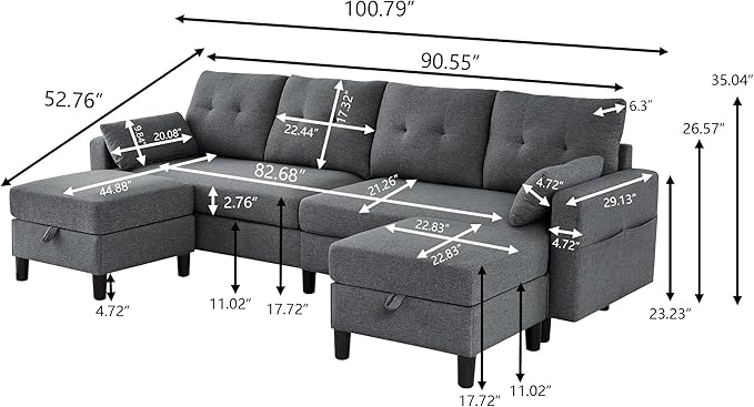 101 Convertible Sectional Sofa Modern Linen Fabric U-Shaped Couch with 2 Storage Ottomans and Storage Pocket 4 Seat Sofa Couches for Living Room Apartment Office Darkgrey