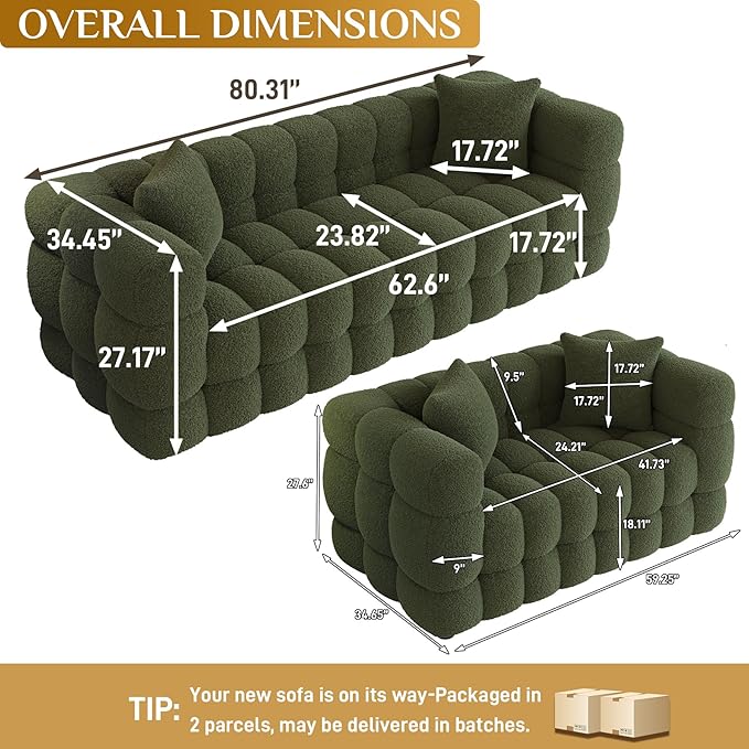 2 Piece Boucle Sofa Couch Set Comfy Upholstered Sherpa Deep Seat Cloud Couch and Loveseat Modern Tufted 3 Seater and 2 Seater Love Seat Sofa for Living Room Apartment Olive Green