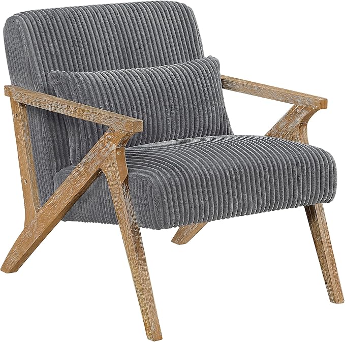 Lexicon Mid Century Modern Accent-Chair with Lumbar Pillow Brown Solid Wood Frame Comfy Corduroy Upholstered Lounge Arm Chair for Living Room/Bedroom/Office/Reading Nook Assembly Required Grey