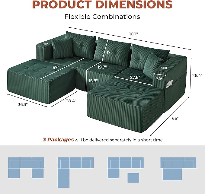 100 U Shaped Modular Sectional Sofa Oversized 5-Seater Boneless Tufted Cloud Couch with Cup Holder and Movable Ottoman Corduroy Upholstery Couches for Living Room No Assembly Green