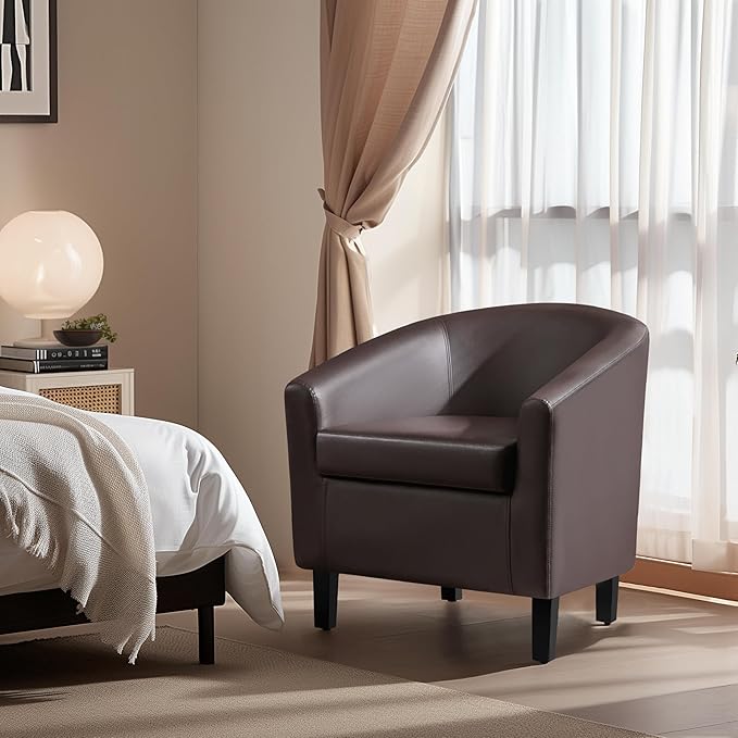 Yaheetech Leather Club Chair Faux Leather Accent Chair Modern Living Room Armchair with Wood Legs and Padded Seat for Bedroom Reception Room Espresso