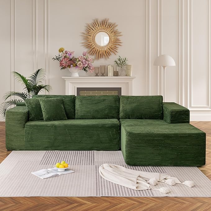 HOMREST 106 Modular Cloud Sectional Sofa with Deep Seats &amp Chaise No-Assembly L-Shape Couch for Living Room Plush Corduroy Fabric Green Oversized Comfortable Seating