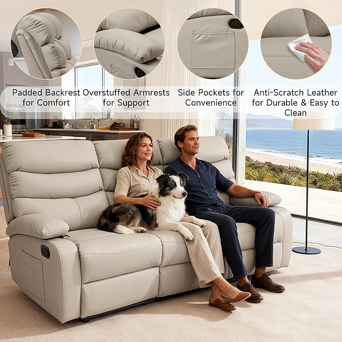 Reclining Couch Sofa Set Leather Recliner Couch Sofa and Loveseat Sets for Living Room RV Theater Seating(3 Seat Sofa+LoveseatBeige)