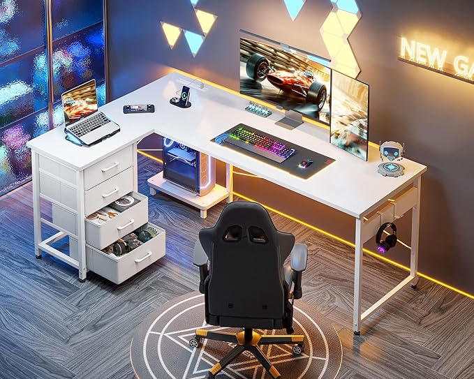 AODK L Shaped Gaming Desk with 4 Drawers 61 Reversible Home Office Desks with Power Outlets L Shaped Computer Desk with USB Charging Port and Host Stand Corner Desk Easy to Assemble White