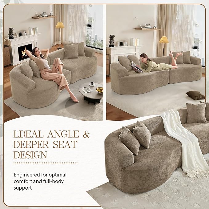 112'' Modern Curved Sectional Sofa Oversized Boneless Cloud Couch Luxury Plush Chenille Sofa 4-Seater Extra Deep No Assembly for Living Room Bedroom Apartment Light Brown
