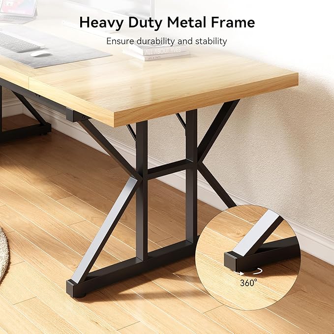 LITTLE TREE 70.8-Inch Large Executive Desk Modern Computer Office Desk Wooden Writing Desk Study Table for Home Office Light Walnut-Black