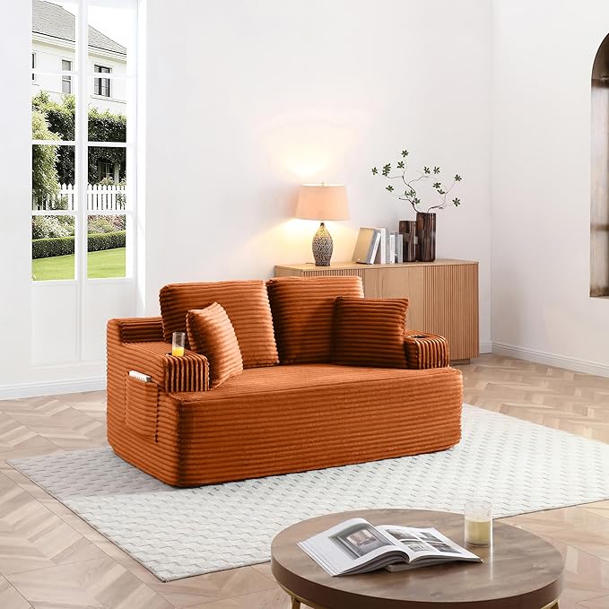 Floor Loveseat Boneless Sofa Couch in a Box with Cup Holder and Side Pockets Corduroy Upholstered 2 Seater Cloud Foam Sofa with Deep Seating for Living Room No Assembly | Breathable material Cuphol