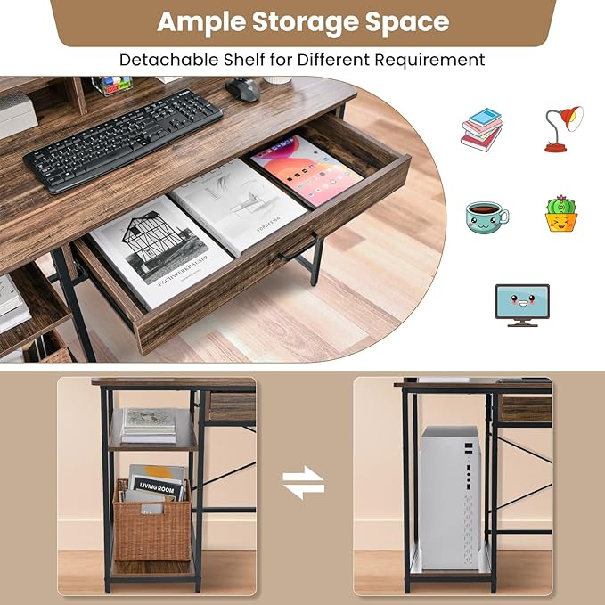Giantex Computer Desk with Monitor Shelf 48 Home Office Writing Desk with Drawer Storage Shelves CPU Stand Study Desk Table Workstation for Bedrooms Rustic Brown