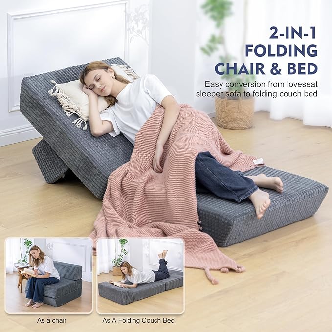 Futon Sofa BedSleeper Chair - Convertible Sectional Sleeper Sofa Floor Bed Mattress for Guest BedRemovable Zippered Back Support Perfect for Living Room and Bedroom (Gray)