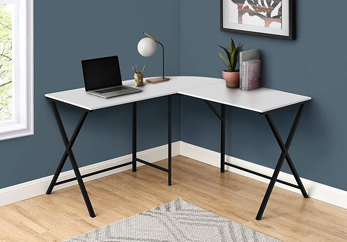 Computer Desk Home Office Corner 55 l L Shape Work Laptop White Laminate Black Metal Contemporary Modern