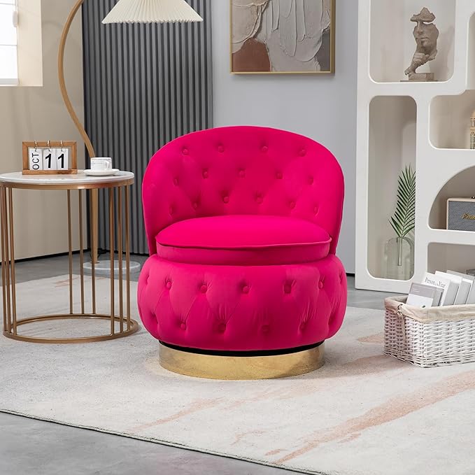 Swivel Barrel ChairVelvet Swivel Accent Chairs Modern Round Storage Small Chairs 360 Degree Upholstered Swivel Boucle Chair for Living Room Bedroom（Red）