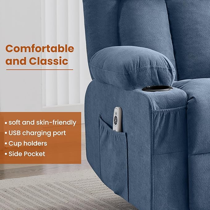 Massage Recliner Chair with Vibration Massage and Lumbar Heating for Living Room Swivel Rocker Recliners Single Sofa with Side Pocket &amp 2 Cup Holders Soft Comfort Ergonomic Design (Blue)