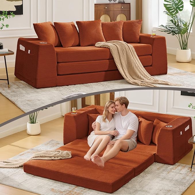 82'' Convertible Sofa Bed 2-in-1 Boneless Sleeper Sofa with Cup Holder &amp Pocket Corduroy Loveseat Sleeper Couch with 5 Pillows Pull Out Couch for Living Room Bedroom No Assembly (Orange)