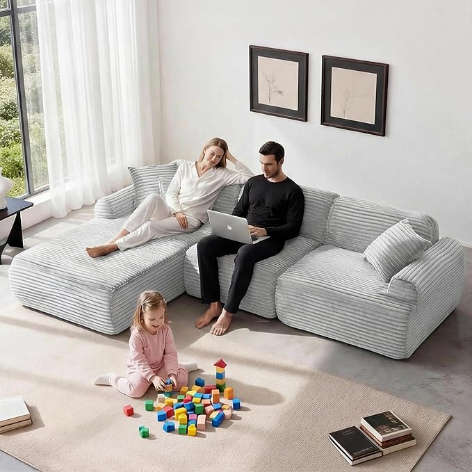 105”Cloud Couch Sectional Sofa Modular Boneless Sofa for Living Room and Apartments Deep Seat Corduroy L Shape Couch with Removable Washable Covers (Light Gray 3 Seater+Left Facing Chaise)