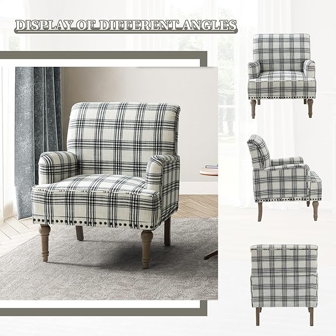 HULALA Home Modern Accent Chair with Retro Wooden Legs &amp Nailhead Trim Comfy Upholstered Armchair Single Sofa for Living Room Bedroom (Plaid Black)