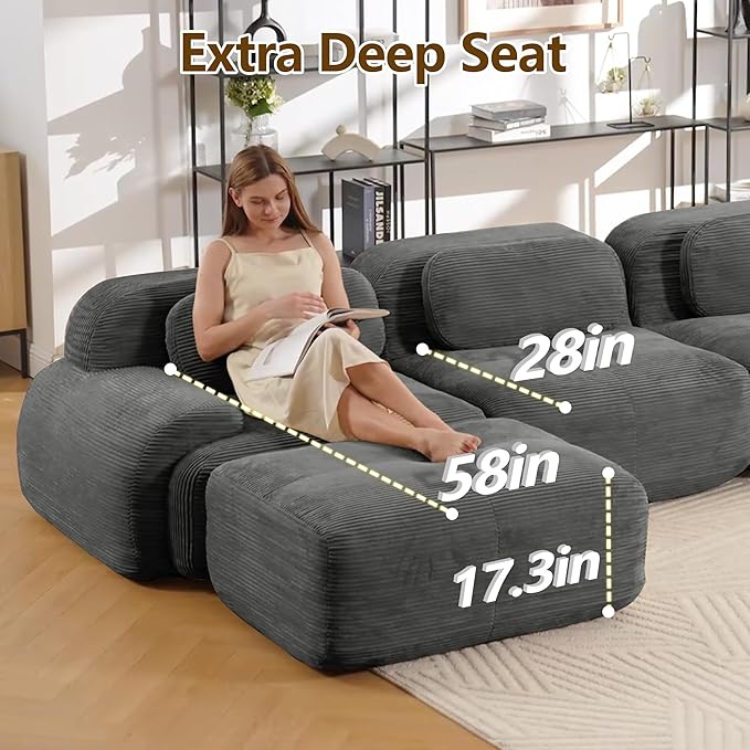 Boneless Sectional Couch No Assembly Required 117.3” Modular Cloud Sofa with Pillow and Ottoman Deep Seat Corduroy Couch for Living Room Bedroom Office Apartment