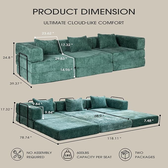 118 Modular Sectional Sofa Bed Upholstered Cloud Couch Comfy Couch with Memory Foam &amp Pocket Springs for Living Room Green