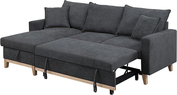 Lilola Home Colton 84.25 W Dark Gray Woven Fabric Reversible Sleeper Sectional Sofa with Pull-Out Bed and Storage Chaise – Modern L-Shaped Couch for Living Room or Apartment