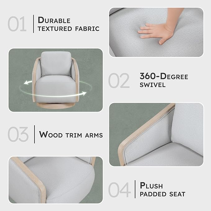 Lexicon Modern Swivel Accent Chair with Light Oak Ceruse Bentwood Base Textured Fabric Upholstered Lounge Chair Reversible Back Cushion for Living Room/Bedroom/Office Fully Assembled Gray
